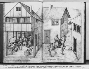 Zilvermijn van La Croix-aux-Mines, Lorraine, fol.23v en fol.24r, het wegen en stempelen van de zilverbaren, een boodschapper die de baren draagt, ca. 1530 door Heinrich Gross or Groff